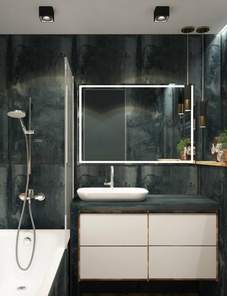 A black and white bathroom with a bathtub and sink.